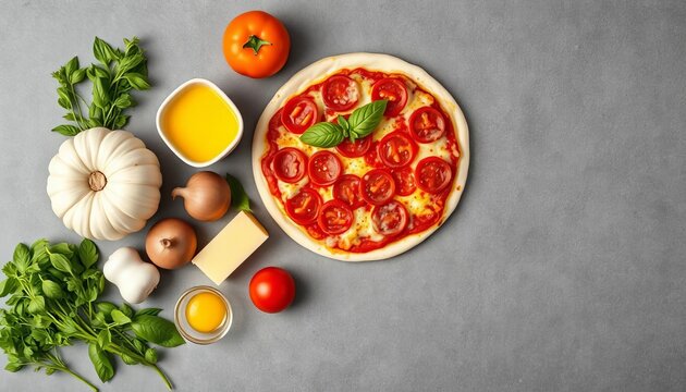 Raw pizza ingredients arranged on grey background, copy space right,  vegetables,  culinary