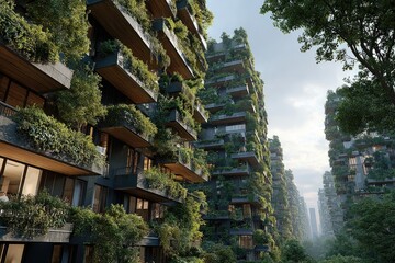 Lush vertical gardens on modern high-rise buildings