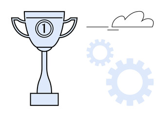 A trophy with a number one emblem, gears, and a cloud symbolizing victory, progress, and aspirations. Ideal for success, innovation, teamwork efficiency leadership perseverance goals. Simple flat