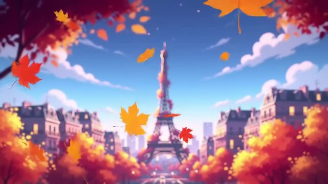 Autumn scene featuring falling leaves in front of the Eiffel Tower, with a vibrant cityscape