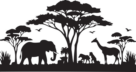 A striking illustration of a wild elephant family silhouetted against a beautiful orange sunrise in the savanna landscape © Saidar