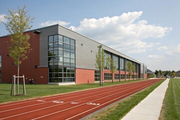 Modern high school campus with red running track, contemporary buildings, and clear blue sky. Well-maintained grounds showcase vibrant outdoor space, urban architecture, and active lifestyle setting.
