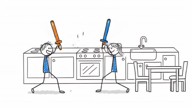 Animated Stick Figures Sword Fight in Kitchen Cartoon Style Animation on White Screen with Bright Colors and Playful Elements for Family Theme Projects Stick Figure Swordplay Stick, Stickman, Man