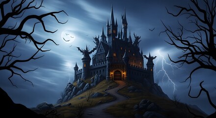 A gothic castle perched atop a hill, illuminated by lightning and bathed in a moonlit night.