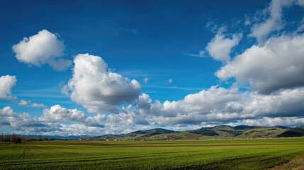Panoramic view of a green field under a partly cloudy sky
