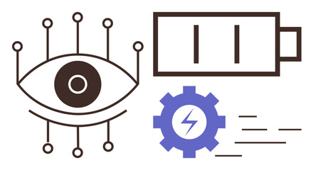 Eye with connected nodes, charged battery, and cogwheel with lightning bolt indicate digital vision, energy optimization, and technological efficiency. Ideal for AI, innovation, sustainability