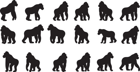 A black and white vector silhouette collection of wild animals, domestic horses, and women