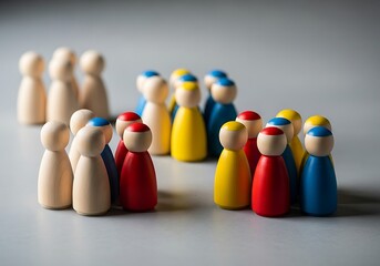 Diverse groups of colorful wooden figures symbolizing social community and market segmentation. An abstract representation of inclusion, demographics, population, and teamwork in a modern society.