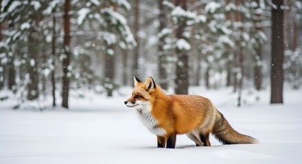 Obraz premium A red fox stands alert in a snowy winter forest, surrounded by snow-covered trees, looking towards the left.