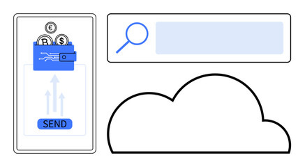 Mobile wallet with digital currency coins being sent, a search bar with a magnifying glass icon, and a cloud symbol. Ideal for digital payment, fintech, cloud services, online storage, search engine