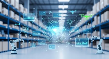 Illustration of automated warehouse with robotic arms and drones managing inventory and data