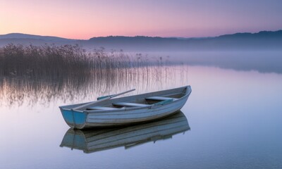 Misty lake with boat and reeds at sunrise, soft light, peaceful scenery