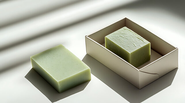 A green soap bar next to an open box with branding visible, isolated on a plain white background, hard shadow. Product showcase composition. Created Using: commercial photography setup,