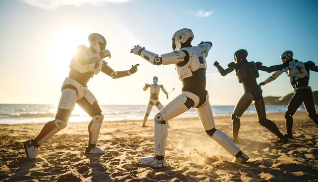 Futuristic robots fighting on beach