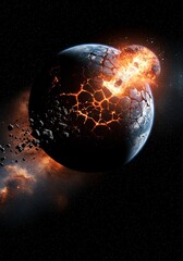 Earth Destroyed by Explosion and Cracks in Space Scene