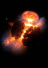 Exploding Fireball in Space with Debris and Bright Flames