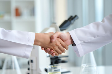 Two scientists in lab coats shaking hands in a laboratory setting