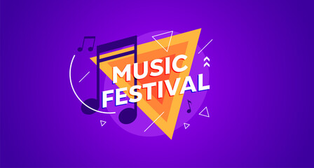 Colorful music festival poster with vibrant purple background, orange triangle, and musical notes. Modern abstract design ideal for concerts, parties, live performances, and event promotions.