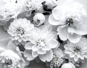 A monochrome floral arrangement of peonies and dahlias.