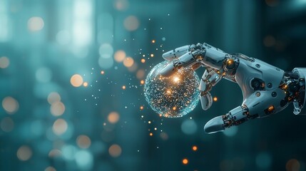 Creating a futuristic connection robot hand interacts with glowing sphere in a high-tech environment