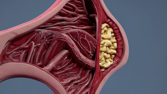 Medical animation showing gallstones obstructing the cystic duct, causing inflammation and pain in the gallbladder, isolated on a uniform background