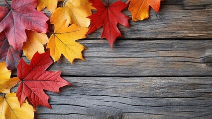 Obraz premium Colorful autumn leaves on wooden planks background for fall-themed designs. Warm textures showcase seasonal beauty, ideal for greeting cards, social media decor, or nature-inspired visual projects.