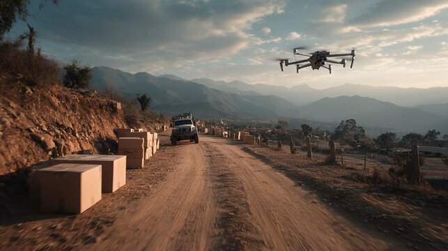 Drone aid package drop simulations showcasing aerial delivery systems for humanitarian logistics and disaster relief operations.
