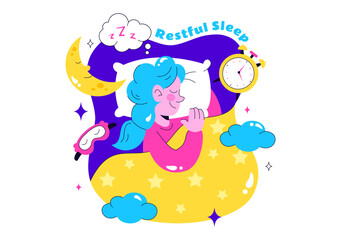 Restful Sleep Vector Illustration featuring a Sweet Dream Scene with Happy People Sleeping on a Soft Cloud and Bed for Relaxation and Calmness
