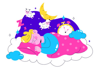 Restful Sleep Vector Illustration featuring a Sweet Dream Scene with Happy People Sleeping on a Soft Cloud and Bed for Relaxation and Calmness