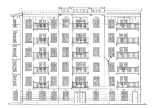 Architectural line drawing of a parisian building facade illustration