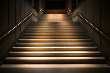 An upward perspective of a grand stone staircase with golden handrails and directional lighting