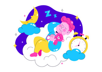 Restful Sleep Vector Illustration featuring a Sweet Dream Scene with Happy People Sleeping on a Soft Cloud and Bed for Relaxation and Calmness