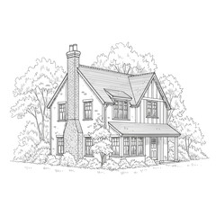 Obraz premium Architectural drawing of a house with chimney and surrounding trees
