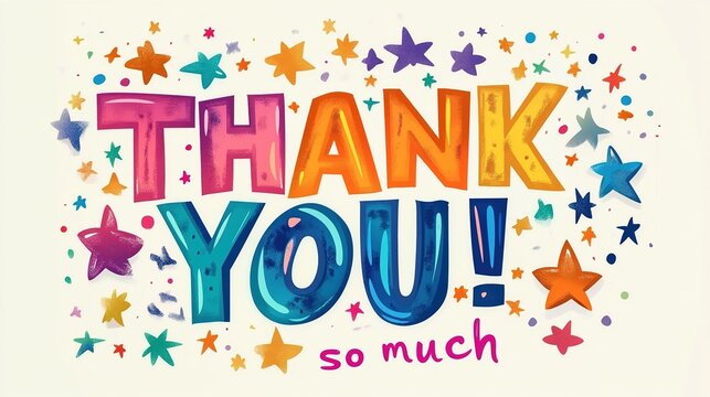 Colorful vector "THANK YOU!" text with "so much" and stars on white background. Vibrant playful style in green, blue, purple, yellow, orange, red, pink for online profiles, business branding, or socia
