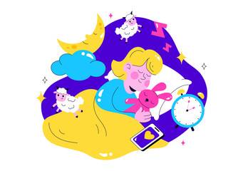 Restful Sleep Vector Illustration featuring a Sweet Dream Scene with Happy People Sleeping on a Soft Cloud and Bed for Relaxation and Calmness