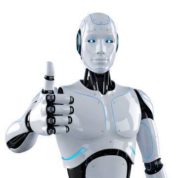 Advanced humanoid robot gives enthusiastic thumbs up, signaling positive progress and future innovation.