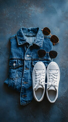 Top View Denim Jacket White Sneakers and Sunglasses Flatlay
