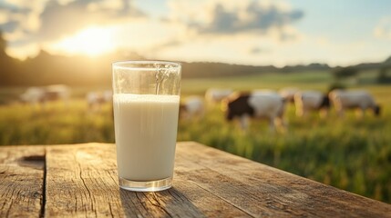 Fresh milk from pitcher into the glass with grass field and cows with a natural background,fresh milk ad template banner,Cows live on natural pastures, packaging with milk packs concept.