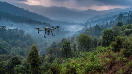 Drone conservation technology capturing aerial footage to monitor wildlife, habitats, and illegal activities for environmental protection