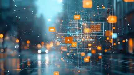Digital transformation event in urban environment technology concept with data visualization and abstract elements