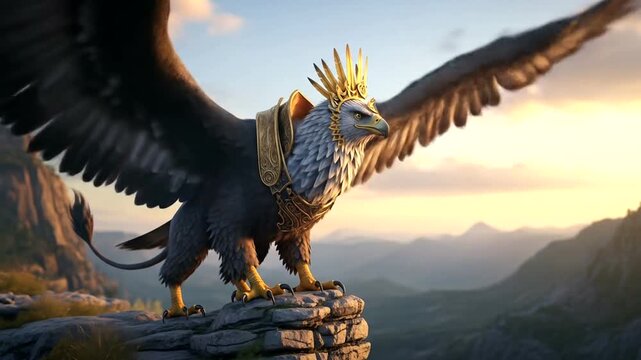 Mythical creature, griffon, perched on a cliff, majestic posture, golden armor, detailed wings and feathers.
