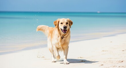 Happy Golden Retriever dog running on a beautiful sandy beach by the sea.