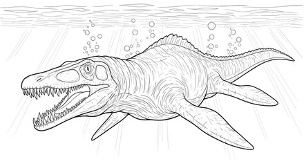 Fototapeta premium Line art drawing of a prehistoric marine reptile swimming underwater