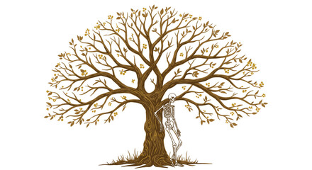 Detailed illustration of a large deciduous tree with intricate branches and a single falling leaf