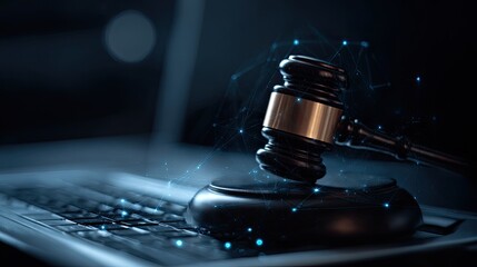 Gavel on laptop keyboard with digital network overlay