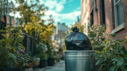 Obraz premium Hand holding garbage black bag putting in to trash,Garbage bag in a trash bin,waste management and recycling concept,black plastic bags,Waiting for the rubbish keeper officers to take them away.