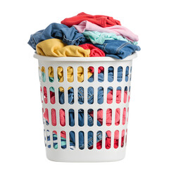 Overflowing white laundry basket filled with colorful folded clothes isolated on white or transparent background, PNG Format.