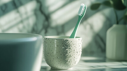 A green toothbrush, wet bristles with water droplets, extreme close-up, standing in a white ceramic cup. Blurred marble countertop in background. Subtle sunlight from side, cool shadows.
