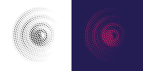 Halftone circle frame dotted background set. Round border Icon using halftone random circle dots raster texture. Grunge circular stain. Vector illustration.