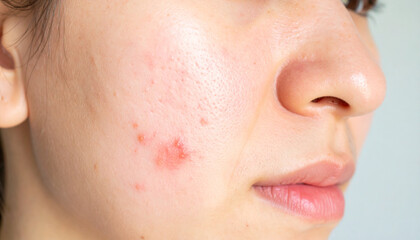 Close-up of a young woman's face with acne and open pores, The skin issues on the face of a young girl with acne and enlarged pores